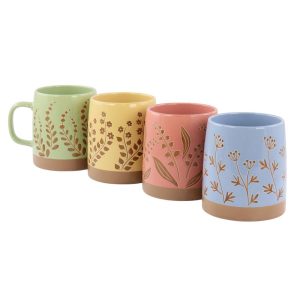 4 Piece 18 Ounce Round Stoneware Mug Set in Assorted Designs and Colors  |  Mugs Dinnerware Mugs