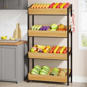 4-Tier Vegetable and Fruit Storage Rack Stand, Potato and Onion Bin with Storage, Wood Shelf Unit Snack Stand  |  Pantry Organizer Kitchen Storage Black, Brown