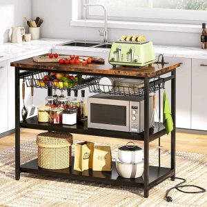 40″ Wide Kitchen Island with Power Outlets, Island Table with Wire Baskets  |  Kitchen Carts Kitchen Carts Brown