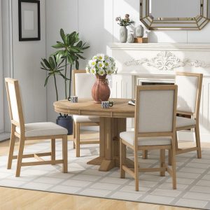 5-Piece Farmhouse Wooden Dining Set with Extendable Round Table and 4 Upholstered Chairs for Kitchen  |  Kitchen and Dining Sets Kitchen & Dining Sets Black, Natural