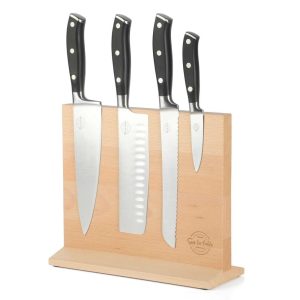 5 Piece German Steel Blade With Triple Riveted Handle Set on Beechwood Magentic Block  |  Cutlery Cutlery Black, Off-White