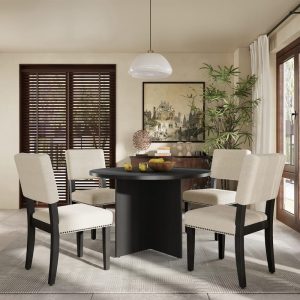 5-Piece Round Dining Table Set Pedestal Kitchen Table Set with 4 Upholstered Dining Chairs for Studio, Apartment, Small Places  |  Kitchen and Dining Sets Kitchen & Dining Sets Black, Natural