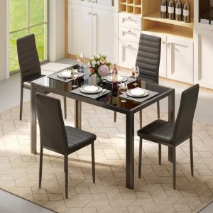 5 Pieces Glass Dining Table Set, 4 Person  Kitchen Chairs with High Back PU Leather Dining Chairs  |  Kitchen and Dining Sets Kitchen & Dining Sets Black, White