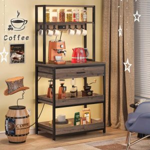 5-Tier Bakers Rack with Power Outlets for Kitchen with Storage Shelves and Drawers, Coffer Bar Station  |  Pantry Organizer Kitchen Storage Brown, Grey