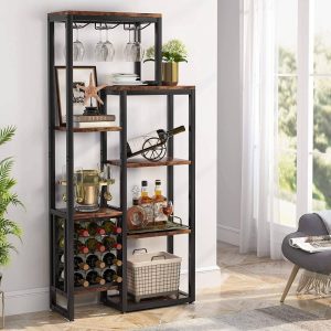 5-Tier Freestanding Floor Wine Baker Rack with Glass Holder & Wine Storage, Industrial Wine Display for Bar, Dining Room – N/A  |  Wine Racks Kitchen Storage Brown, Grey