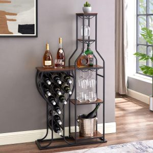 5 Tier Freestanding Wine Rack with Hanging Wine Glass Holder  |  Wine Racks Kitchen Storage Black