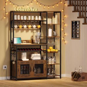 5-Tier Kitchen Shelf Bakers Rack Power Outlet Kitchen Coffee Bar  |  Wine Racks Kitchen Storage Black, Brown, Grey