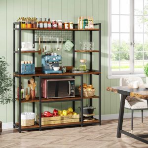 5-Tier Large Kitchen Bakers Rack, 55″ Storage Shelf with 11 Hooks  |  Pantry Organizer Kitchen Storage Black