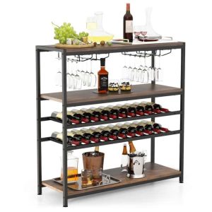 5-tier Wine Rack Table with Glasses Holder – 40″ x 14″ x 40″ (L x W x H)  |  Wine Racks Kitchen Storage Brown