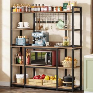 5 Tiers Large Bakers Rack, 55″ Bakers Rack Kitchen Storage Shelf with Hutch  |  Pantry Organizer Kitchen Storage Brown