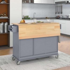 52.7″ Rolling Mobile Kitchen Island Kitchen Cart with Locking Wheels & Solid Wood Top Drop Leaf Dining Cart,Grey  |  Kitchen Carts Kitchen Carts Grey