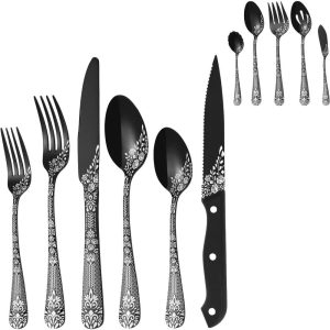 53-Piece Flatware Set with Unique Floral Laser  |  Flatware Dinnerware Black, Gold