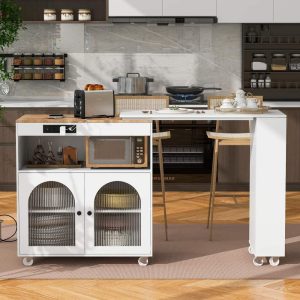 56.3” Rolling Kitchen Island with Extended Table with LED Lights, 2 Glass Doors, Storage Compartment & 3 Open Shelves  |  Kitchen Carts Kitchen Carts Blue, Grey, White