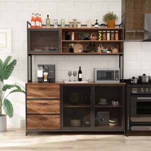 59″W 68.5″H Kitchen Pantry Microwave Storage Cabinet Buffet with Hutch  |  Pantry Organizer Kitchen Storage Brown