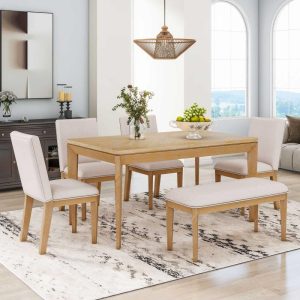 6-Pcs Wood Dining Kitchen Set Includes Dining Table, 4 Upholstered Dining Chairs & Bench  |  Kitchen and Dining Sets Kitchen & Dining Sets Grey, Natural