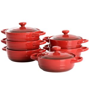 6 Piece 10 Ounce Stoneware Mini Casserole Set in Red with Lid  |  Pots and Pans Pots & Pans Pots & Pans