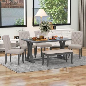 6-Piece Farmhouse Dining Table Set  |  Kitchen and Dining Sets Kitchen & Dining Sets Grey, Natural