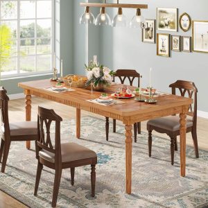 62 inch Farmhouse Dining Table for 4-6, Kitchen Table with Solid Wood Turned Legs, Brown  |  Kitchen and Dining Tables Kitchen & Dining Tables Brown