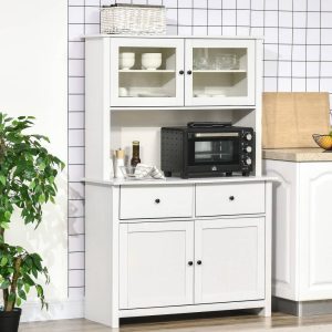 63.5″ Kitchen Buffet with Hutch, Pantry Storage Cabinet with 4 Shelves, Drawers, Framed Glass Doors  |  Pantry Cabinets Kitchen Furniture Grey, White