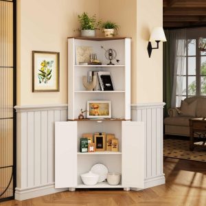 66″ Tall Corner Cabinet With Led Light  |  Pantry Cabinets Kitchen Furniture Brown, White