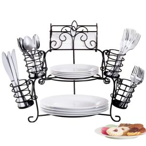 7-Piece Buffet Organizer with Napkin and Utensil Holders – 14.250 x 14.250 x 8.500  |  Serveware Dinnerware Black