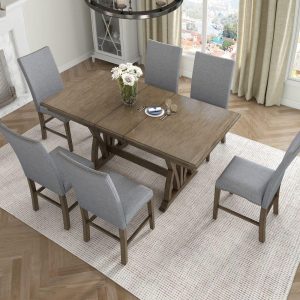 7-Piece Dining Table Set Extendable Kitchen Table Set with Upholstered Chairs,Grey  |  Kitchen and Dining Sets Kitchen & Dining Sets Brown, Grey