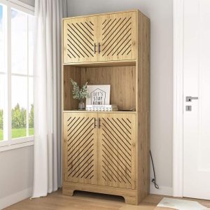 71” Back Panel Perforated Wooden Door Kitchen Storage Cabinet with Microwave Stand  |  Pantry Cabinets Kitchen Furniture Brown