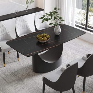 71″ Black Marble Sintered Stone Table Top,Rectangle Dining Room Table with Unique U-Shape Black Carbon Steel Pedestal  |  Kitchen and Dining Tables Kitchen & Dining Tables Black, White