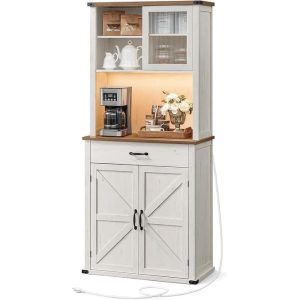 71″ Pantry Cabinet Station, Kitchen Pantry Cabinet, Farmhouse Storage Cabinet, Coffee Bar Cabinet, Cloud White  |  Pantry Cabinets Kitchen Furniture Brown, White