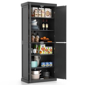 72.5” Kitchen Pantry w/4 Door 6-Tier Shelves Freestanding  |  Pantry Cabinets Kitchen Furniture Black, White