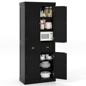 72” Kitchen Pantry Storage Cabinet Tall Freestanding Cupboard – See Details  |  Pantry Organizer Kitchen Storage Black