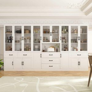 78.7″Modular White Curio Bookcase Cabinet w/Glass Doors Buffet Display  |  Wine Racks Kitchen Storage White