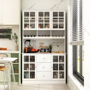 78.9”Pantry Buffet White Buffet with Wine Glass Rack Drawer and Hutch  |  Pantry Cabinets Kitchen Furniture Black, White