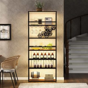 78″H Tall Bar Cabinet Wine Rack, Industrial Standing Honeycomb Wine Rack with LED  |  Home Bars Home Bars Black, White