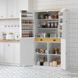 8 Door Shelves Kitchen Pantry Large Cupboard Storage Cabinet with 2 Drawers  |  Pantry Cabinets Kitchen Furniture Beige, Grey, White