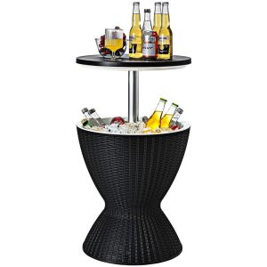 8-Gal Patio Ice Cooler Bucket Cool Bar Side Table w/ Retractable – 19” x 22.5”  |  Serveware Dinnerware Black, Brown