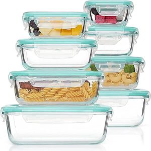 8 Pack Glass Food Storage Containers with Lids  |  Kitchen Canisters Kitchen Canisters Blue, Green, Grey