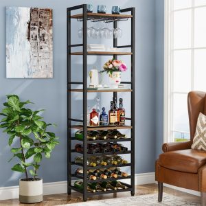 9-Tier Freestanding Floor Wine Rack, 20-Bottle Wine Bakers Rack with Glass Holder and Storage Shelves  |  Wine Racks Kitchen Storage Brown, White