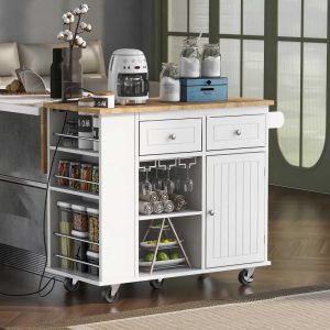 A Kitchen Island with Power Outlets, Open Storage, and Wine Rack  |  Kitchen Carts Kitchen Carts Black, Blue, White