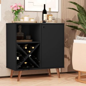 Accent Bar Cabinet 1 Shelf, 4 Wood Legs, Wine Rack, Black – N/A  |  Home Bars Home Bars Black, White