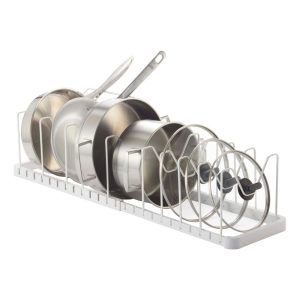 Adjustable Pot Lid Organizer, Steel – L 7.87 x W 17.72 x H 6.89 inches  |  Pot Racks Kitchen Storage Black, White