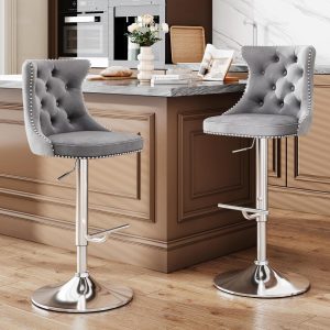 Adjustable Swivel Velvet Bar Stools with Nailheads Trim – 18.1″W x 17″D x 37.4″-45.6″H  |  Counter and Bar Stools Counter & Bar Stools Black, Grey