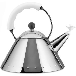 Alessi 9093W Kettle in 18/10 Stainless Steel Mirror Polished with Small Bird-Shaped Whistle, White  |  Tea Kettle Coffee & Tea Silver