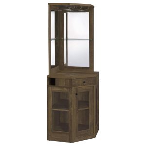 Alviso Rustic Oak Corner Bar Cabinet with Stemware Rack  |  Home Bars Home Bars Brown