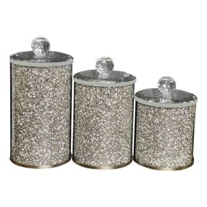 Ambrose Exquisite Three Glass Canister Set in Gift Box – L: 4″ D x 8″ H; M: 4″ D x 7″ H; S: 4″ D x 5.5″ H  |  Kitchen Canisters Kitchen Canisters Black, Gold, Silver