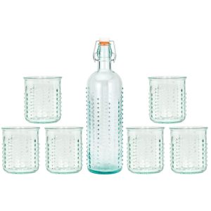 Amici Home Urchin Recycled Glass Drinkware Set of 6 Glasses and Bottle – 12 & 34 oz  |  Drinking Glasses Dinnerware Blue, Clear