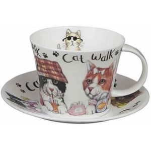 Animal Fashion Cat Breakfast Cup & Saucer in Fine Bone China, Set of 2, Ceramics, Made in England  |  Cups Cups Cups