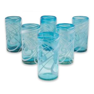 Artisan Handblown Highball Glasses Aqua White Mexican Tableware Recycled Water Drinkware ‘Whirling Aquamarine'(Set Of 6)  |  Drinking Glasses Dinnerware Blue