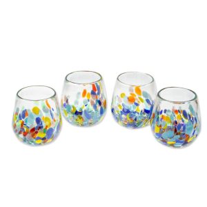 Artisan Handblown Recycled Stemless Wine Glasses Mexican Multicolor Clear Drinkware ‘Confetti Festival'(Set of 4)  |  Wine Glasses Dinnerware Blue