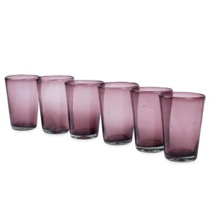 Artisan Handblown Recycled Tall Tumblers Purple Drinkware Mexican Tableware Water Glasses ‘Amethyst'(Set of 6)  |  Drinking Glasses Dinnerware Drinking Glasses